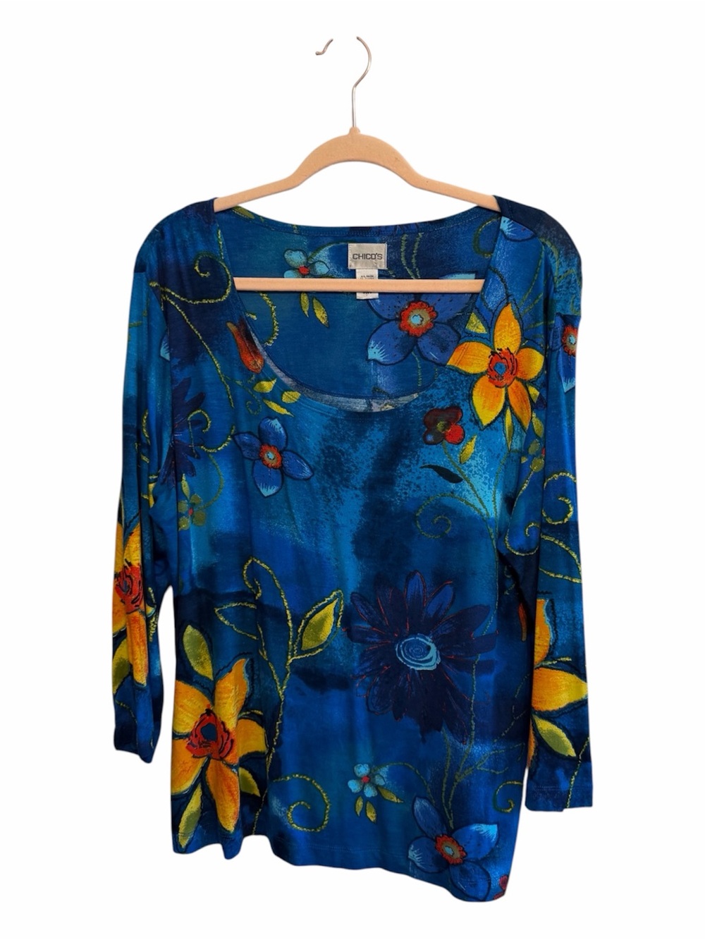 Chico's Vibrant Blue Floral Scoop Neck Long Sleeve Top